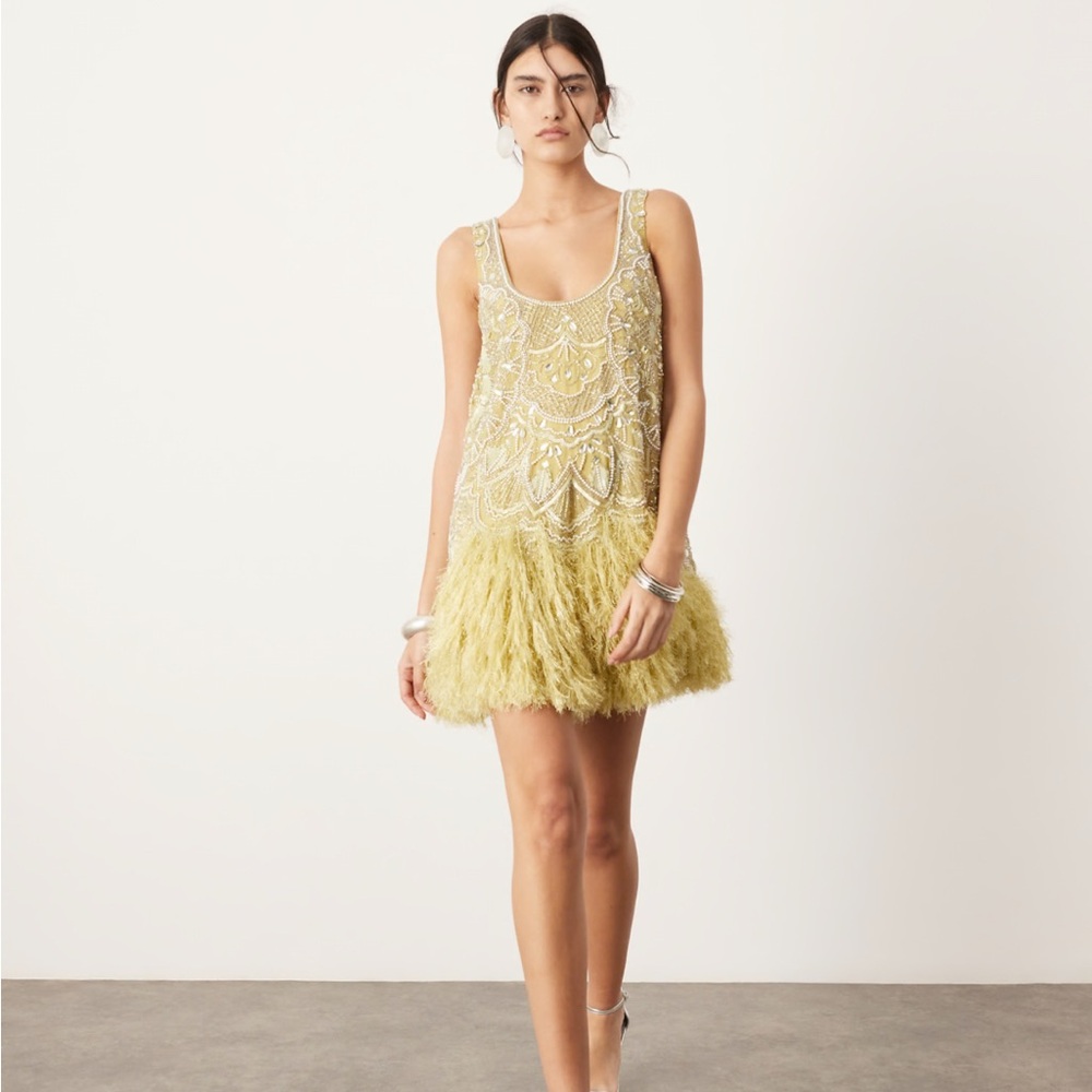 ASOS EDITION embellished mini dress with faux feather hem in lime - size 6